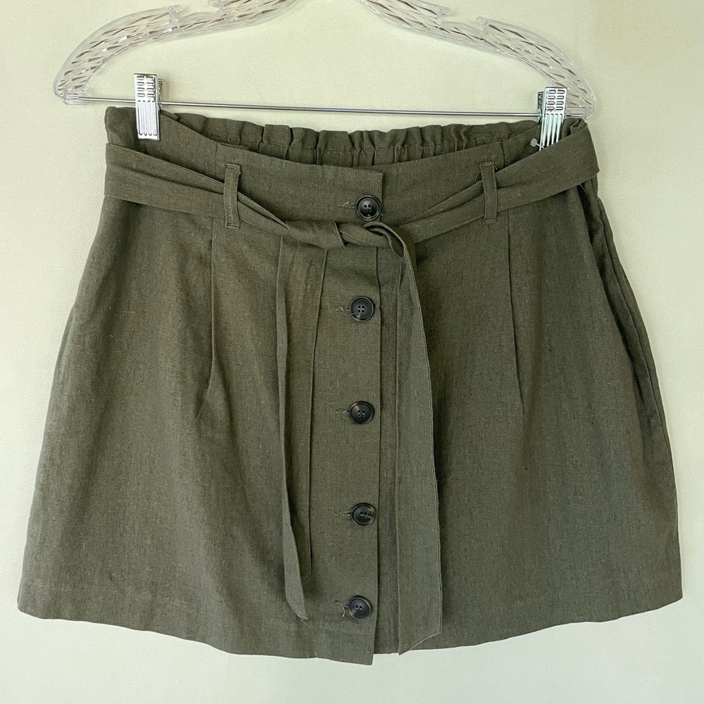 CI SONO LINEN COLLECTION Button Down Belted Mini Skirt Khaki Olive Size XL NWOT